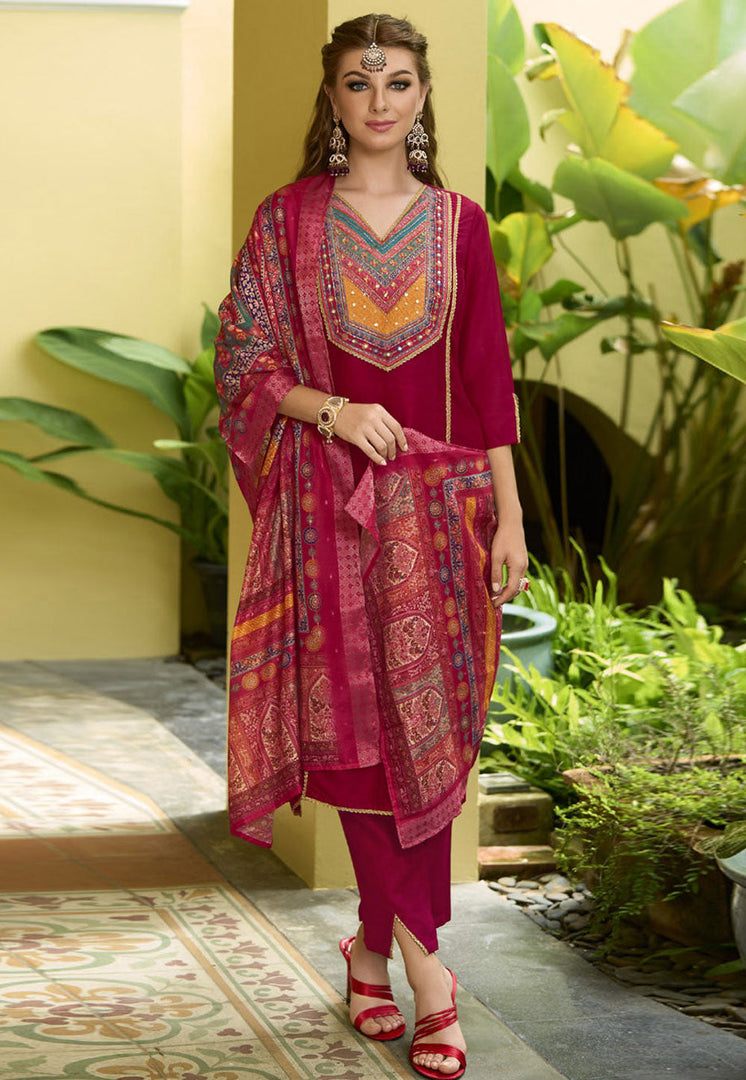 Magenta Silk Readymade Pakistani Suit