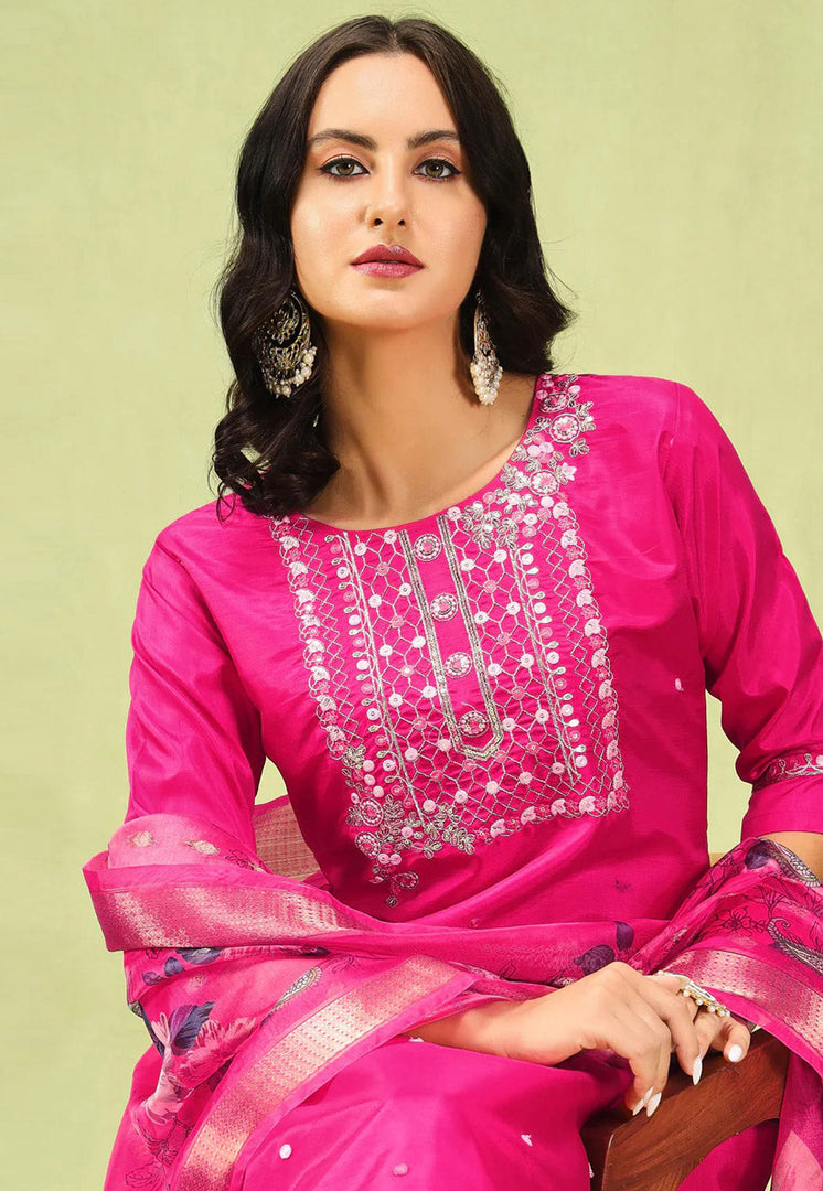 Magenta Silk Readymade Pant Style Suit