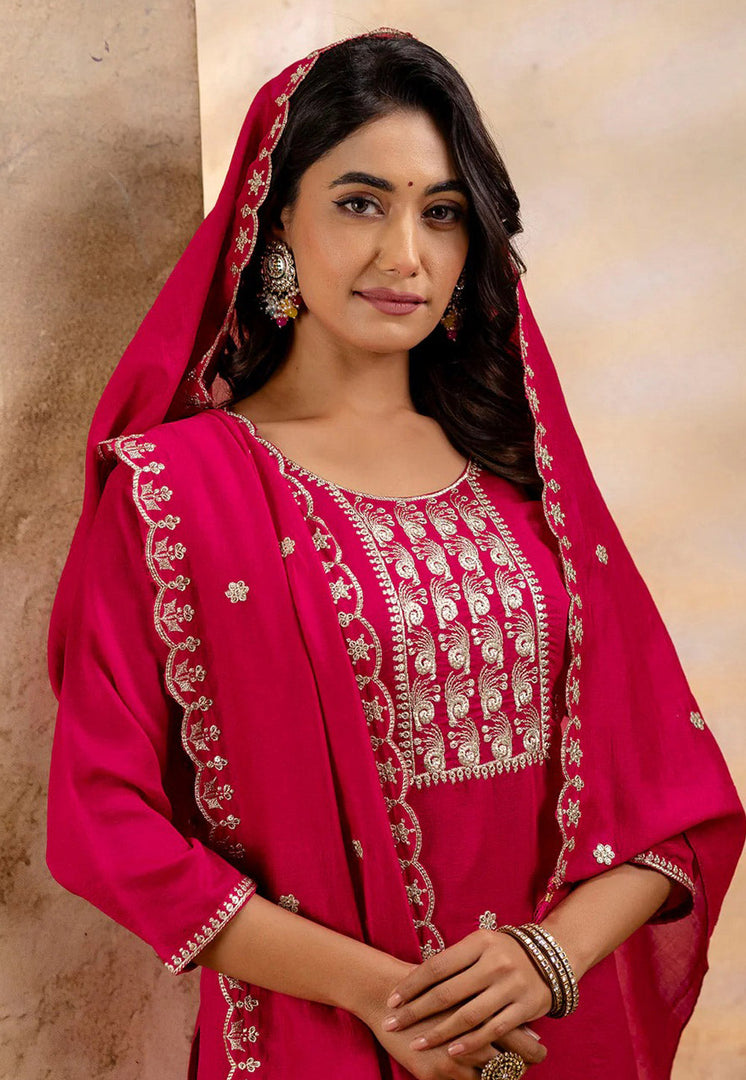 Magenta Silk Readymade Pant Style Suit