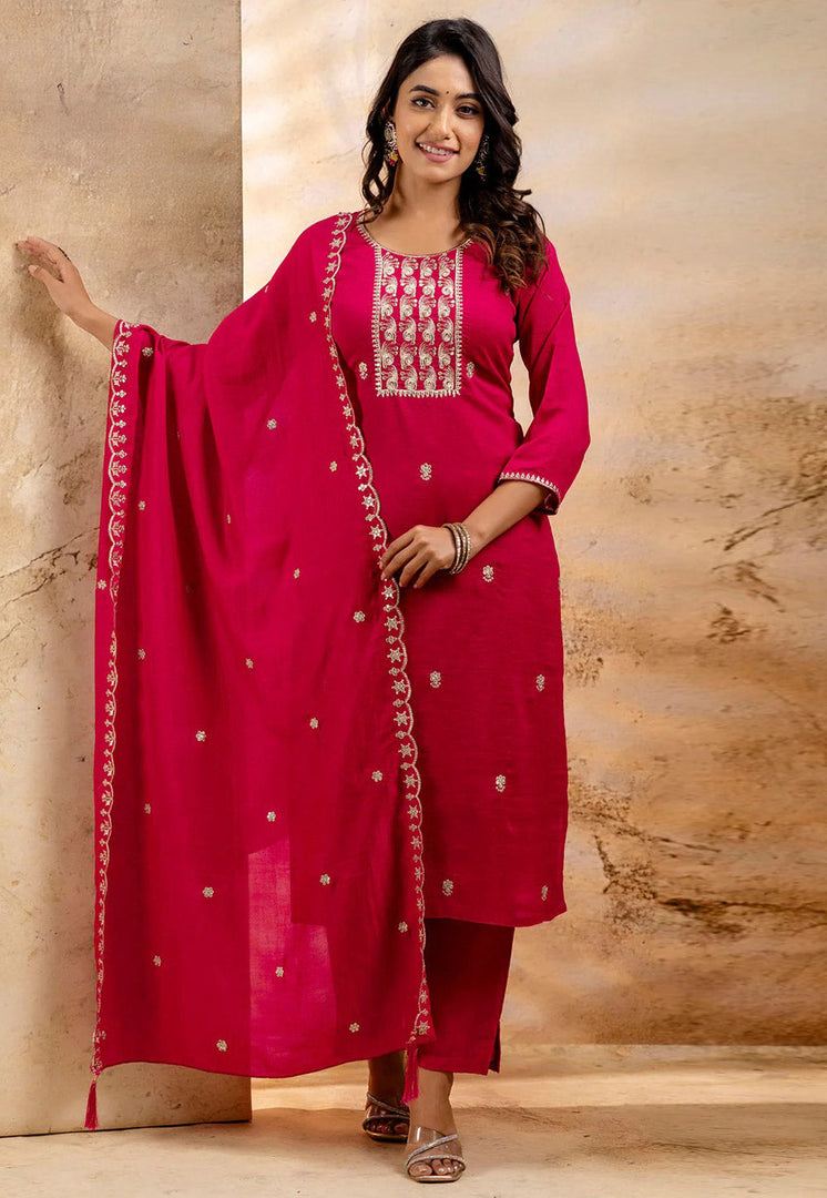 Magenta Silk Readymade Pant Style Suit