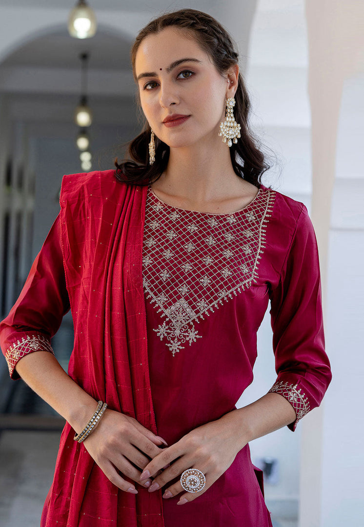Magenta Silk Readymade Pant Style Suit
