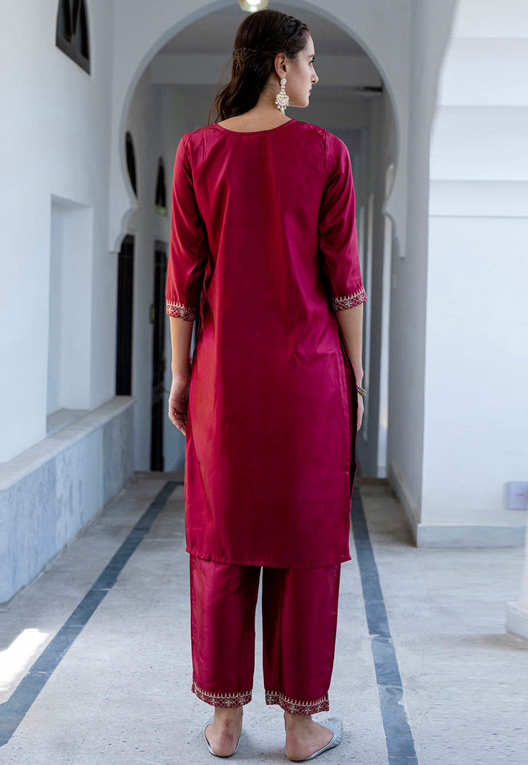 Magenta Silk Readymade Pant Style Suit