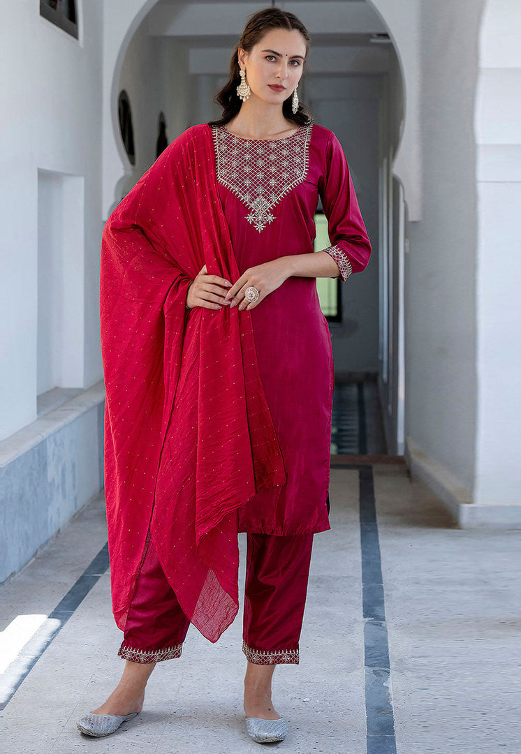 Magenta Silk Readymade Pant Style Suit