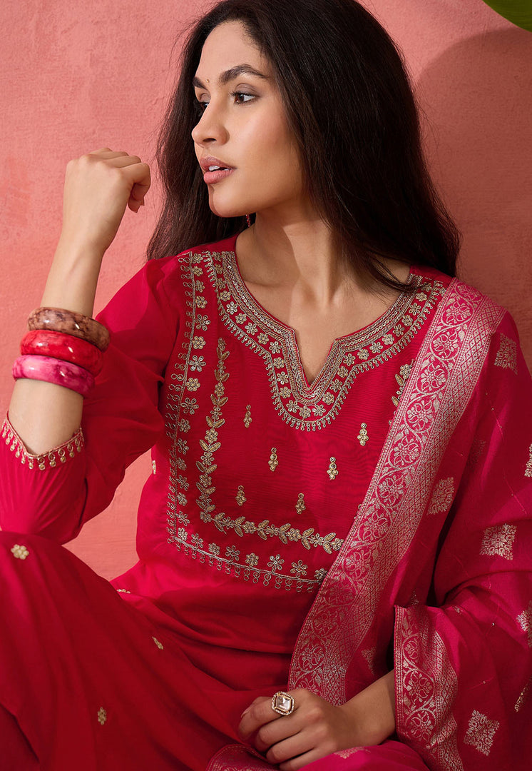 Magenta Silk Readymade Pant Style Suit