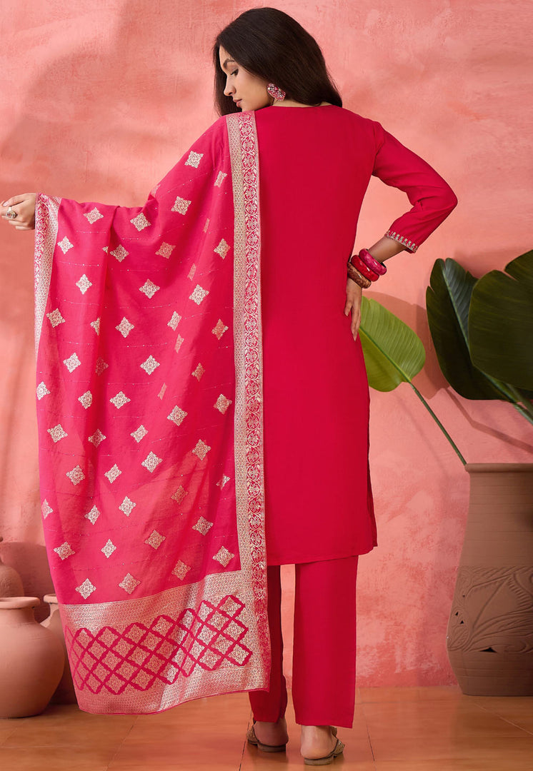 Magenta Silk Readymade Pant Style Suit