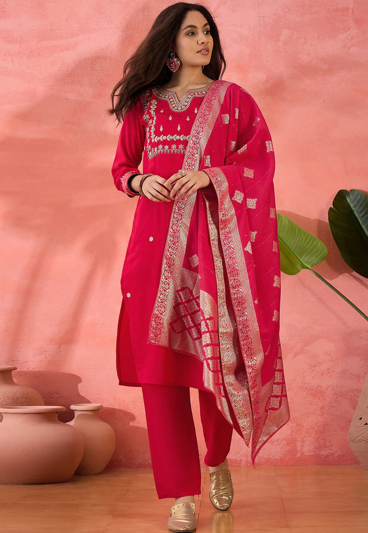 Magenta Silk Readymade Pant Style Suit