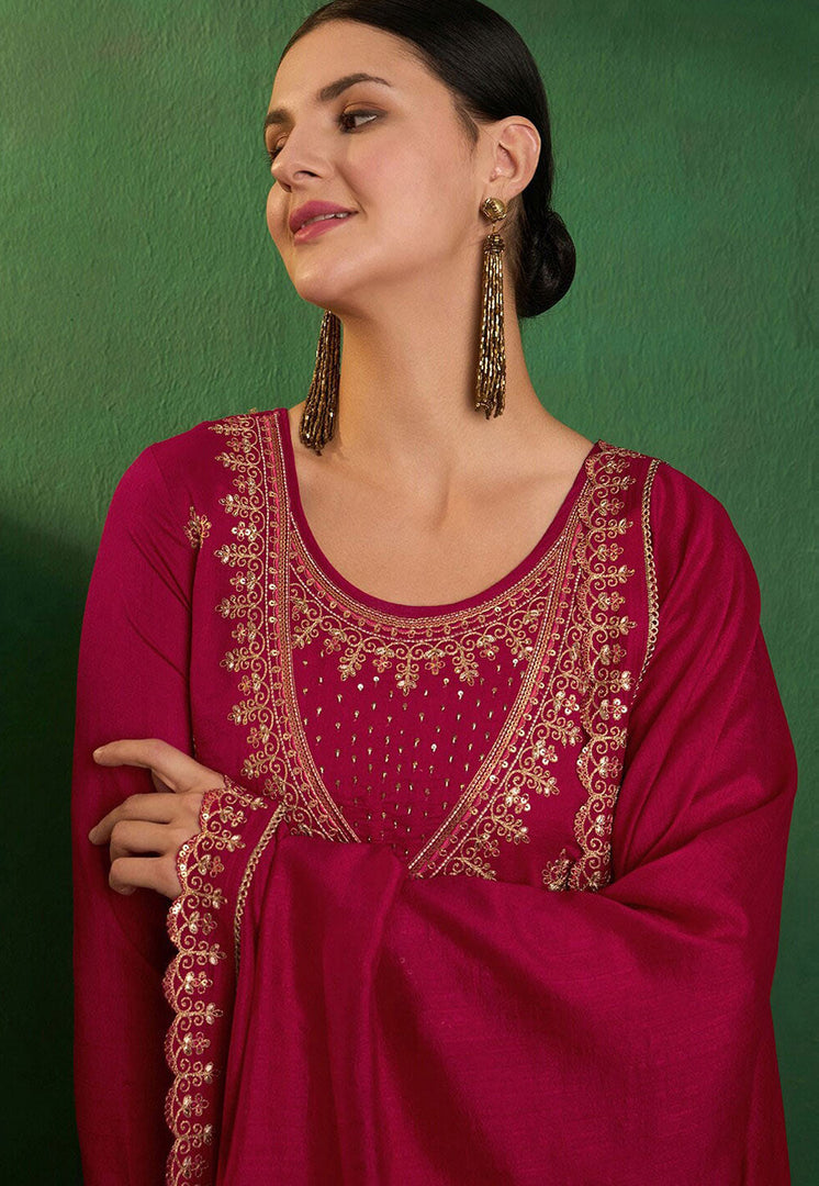 Magenta Silk Readymade Pant Style Suit