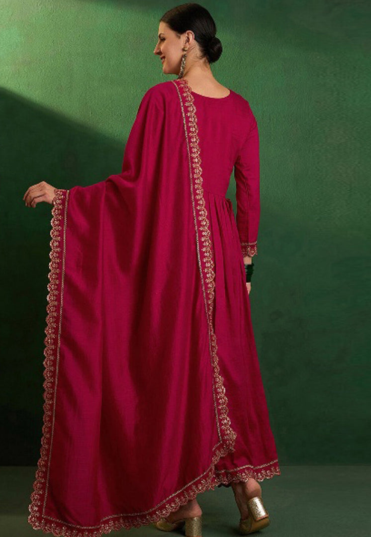 Magenta Silk Readymade Pant Style Suit