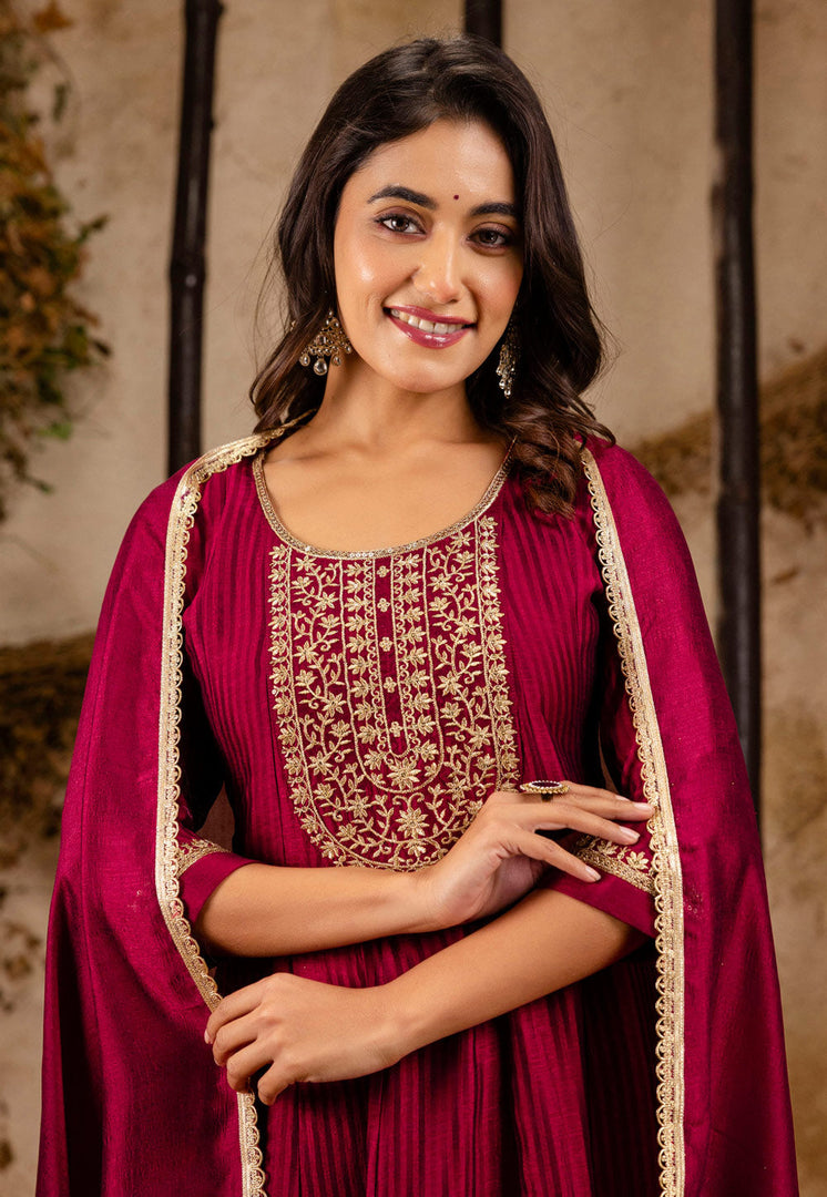 Magenta Silk Readymade Pant Style Suit