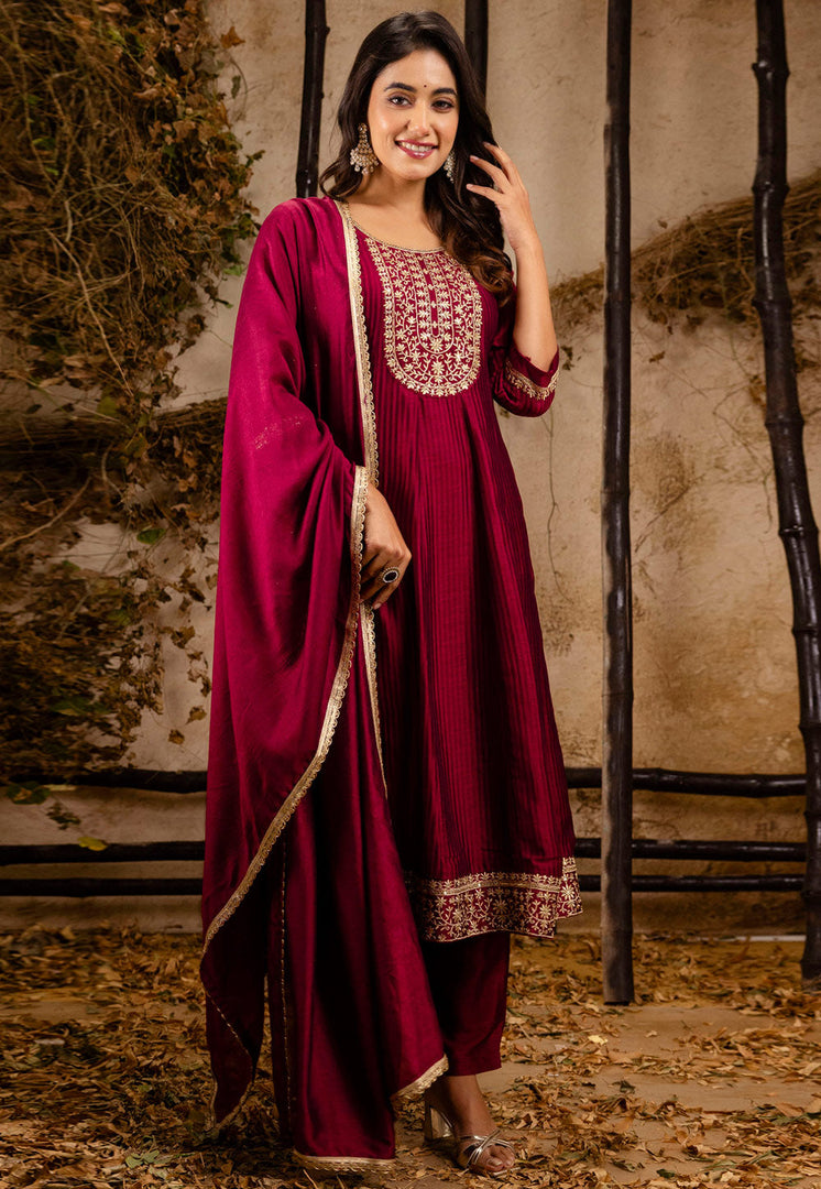 Magenta Silk Readymade Pant Style Suit