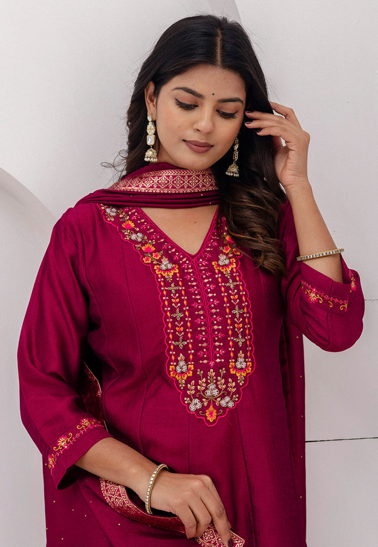 Magenta Silk Readymade Pant Style Suit