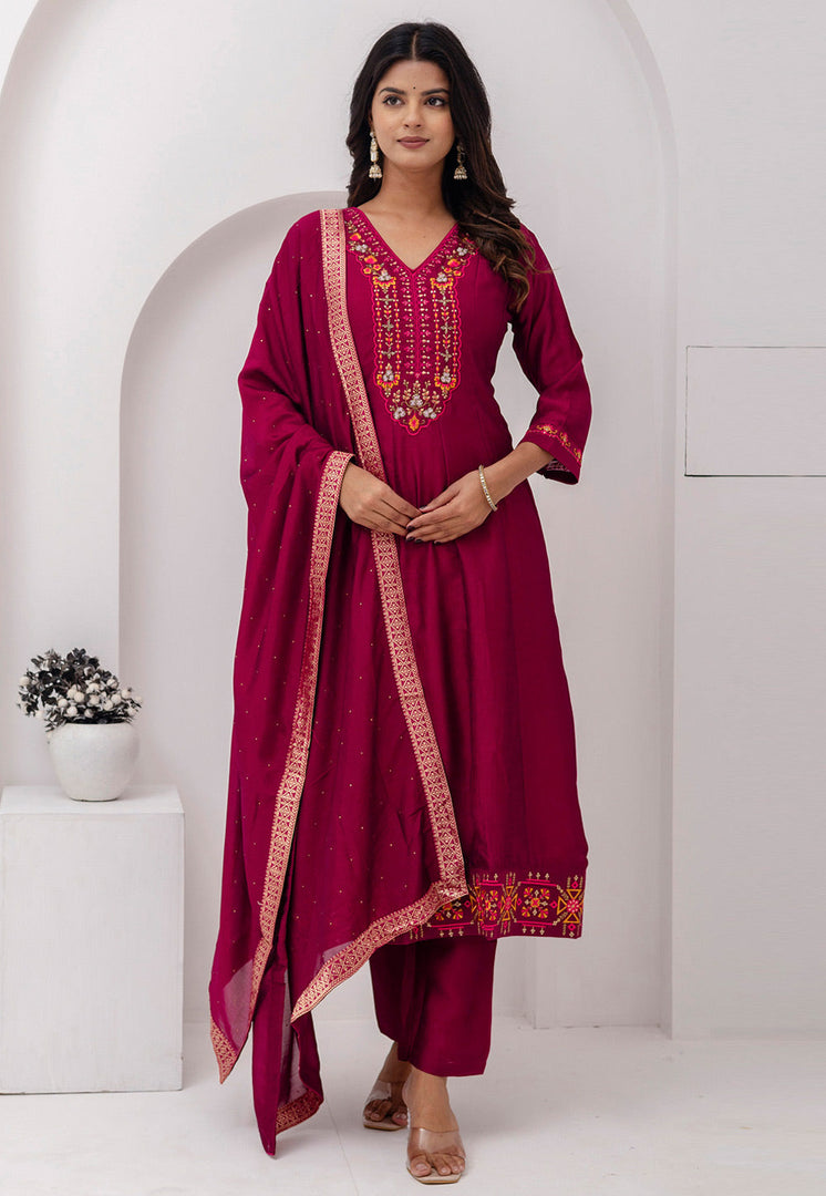 Magenta Silk Readymade Pant Style Suit