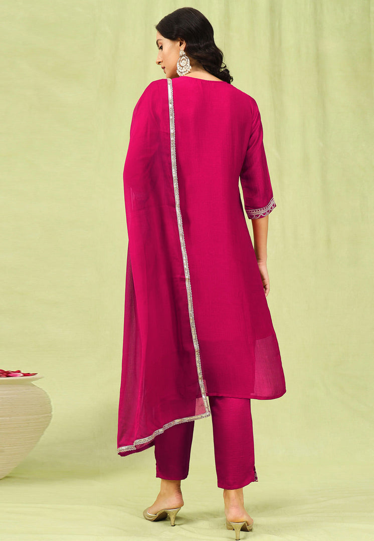Magenta Silk Readymade Pant Style Suit