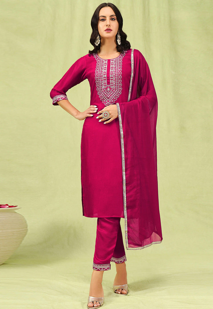 Magenta Silk Readymade Pant Style Suit