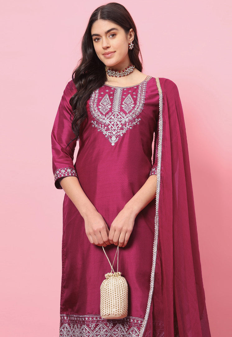 Magenta Silk Readymade Pant Style Suit