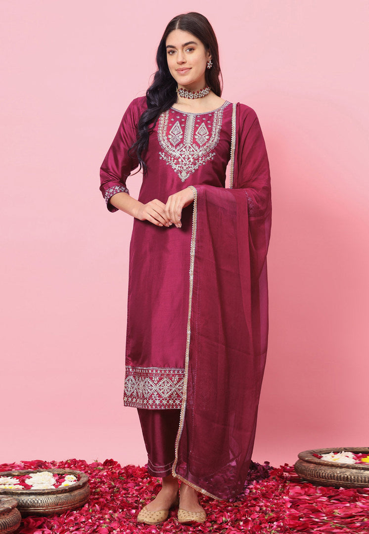Magenta Silk Readymade Pant Style Suit