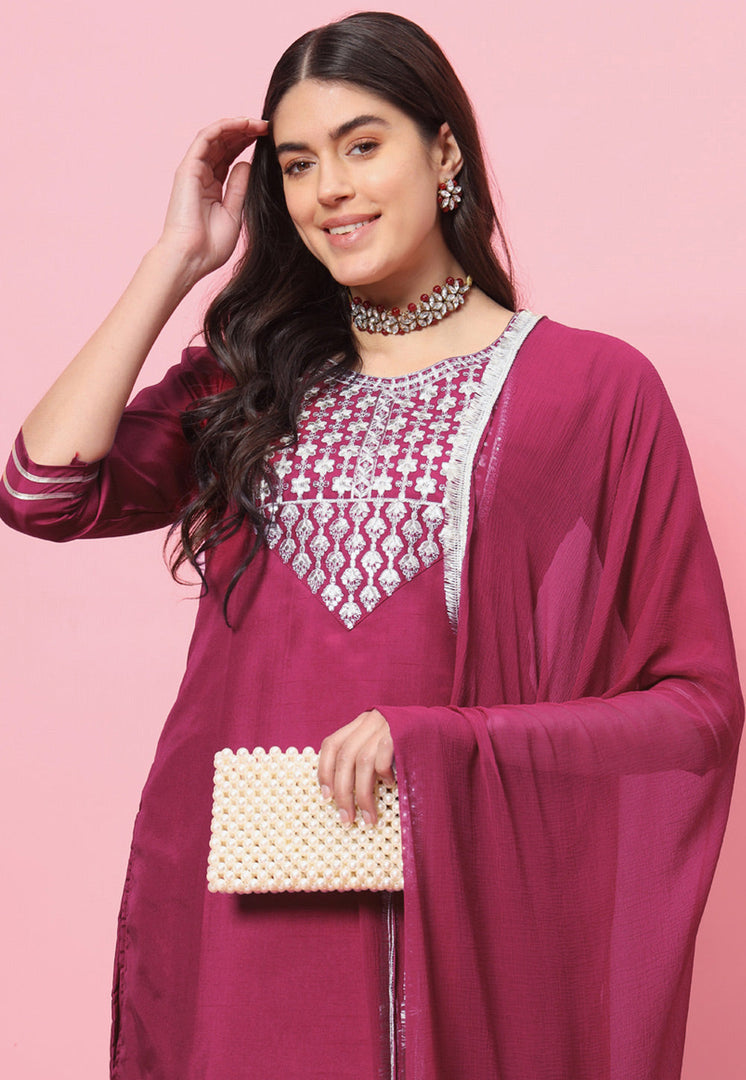 Magenta Silk Readymade Pant Style Suit