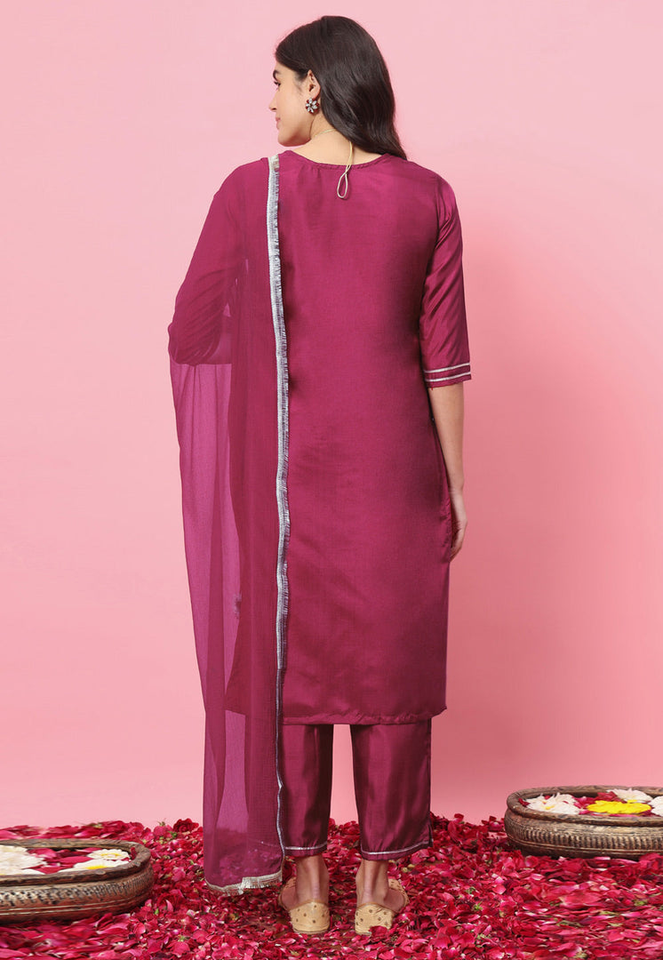 Magenta Silk Readymade Pant Style Suit