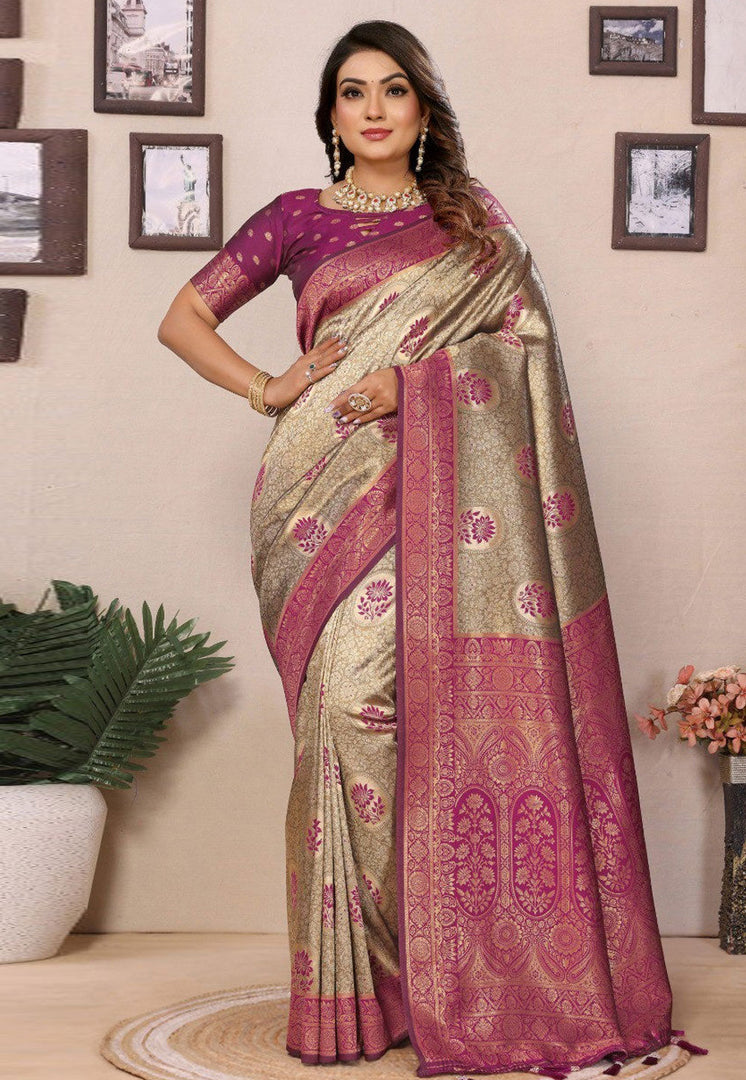 Magenta Tissue Silk Saree With Blouse