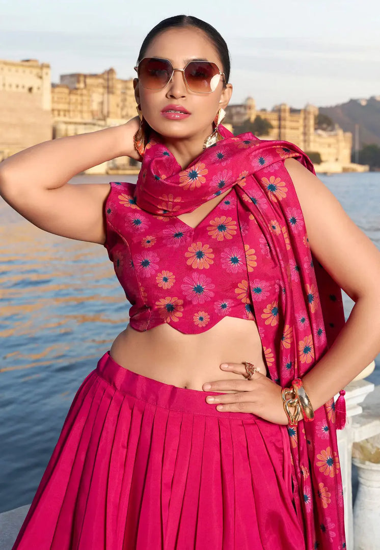 Magenta Tussar Silk Floral Lehenga choli