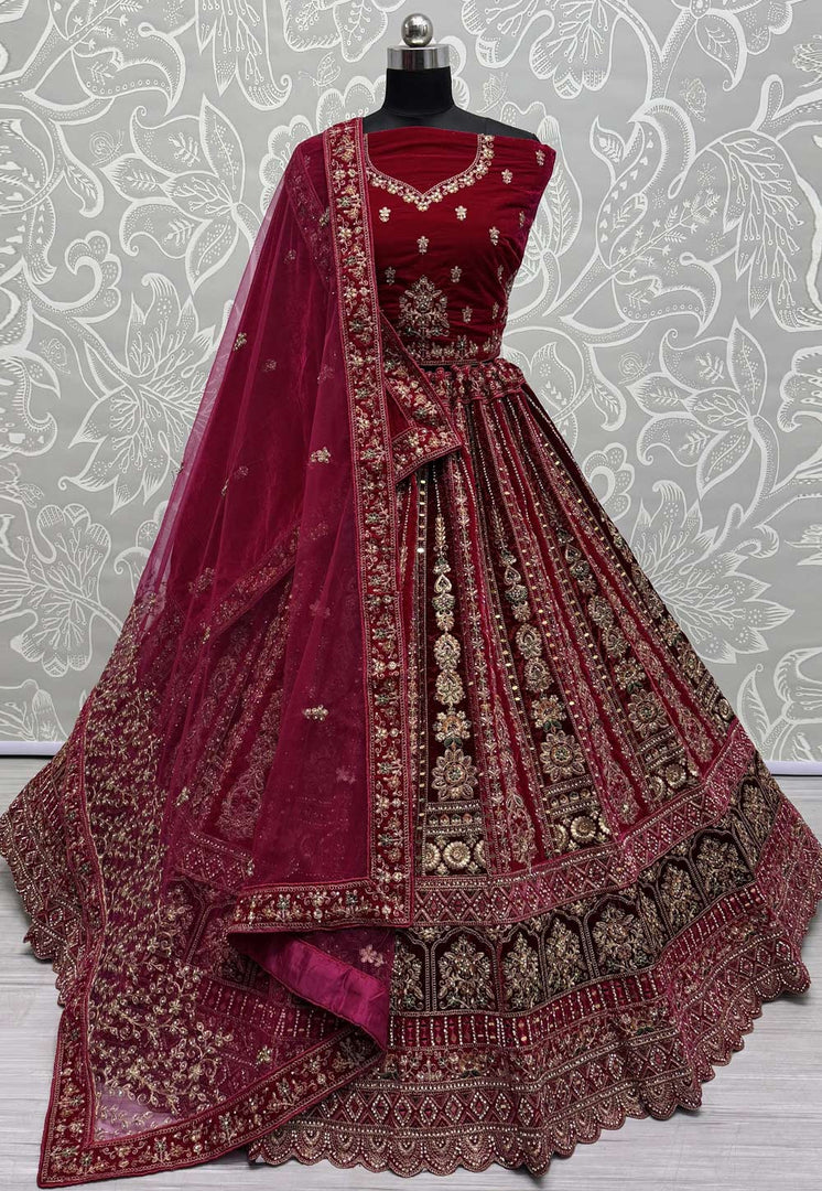 Magenta Velvet Bridal Lehenga Choli
