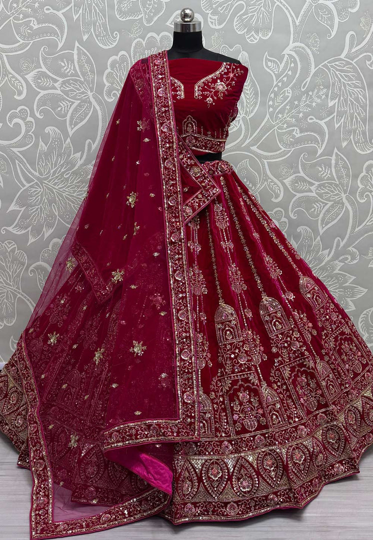 Magenta Velvet Bridal Lehenga Choli