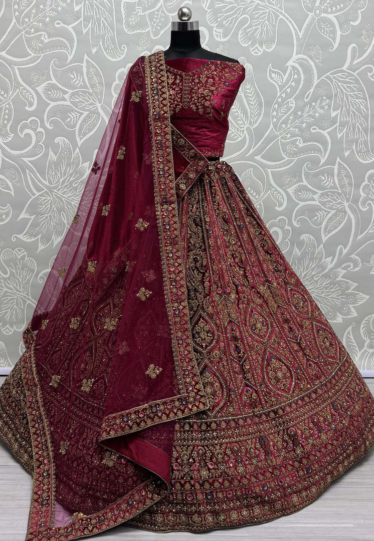 Magenta Velvet Bridal Lehenga Choli