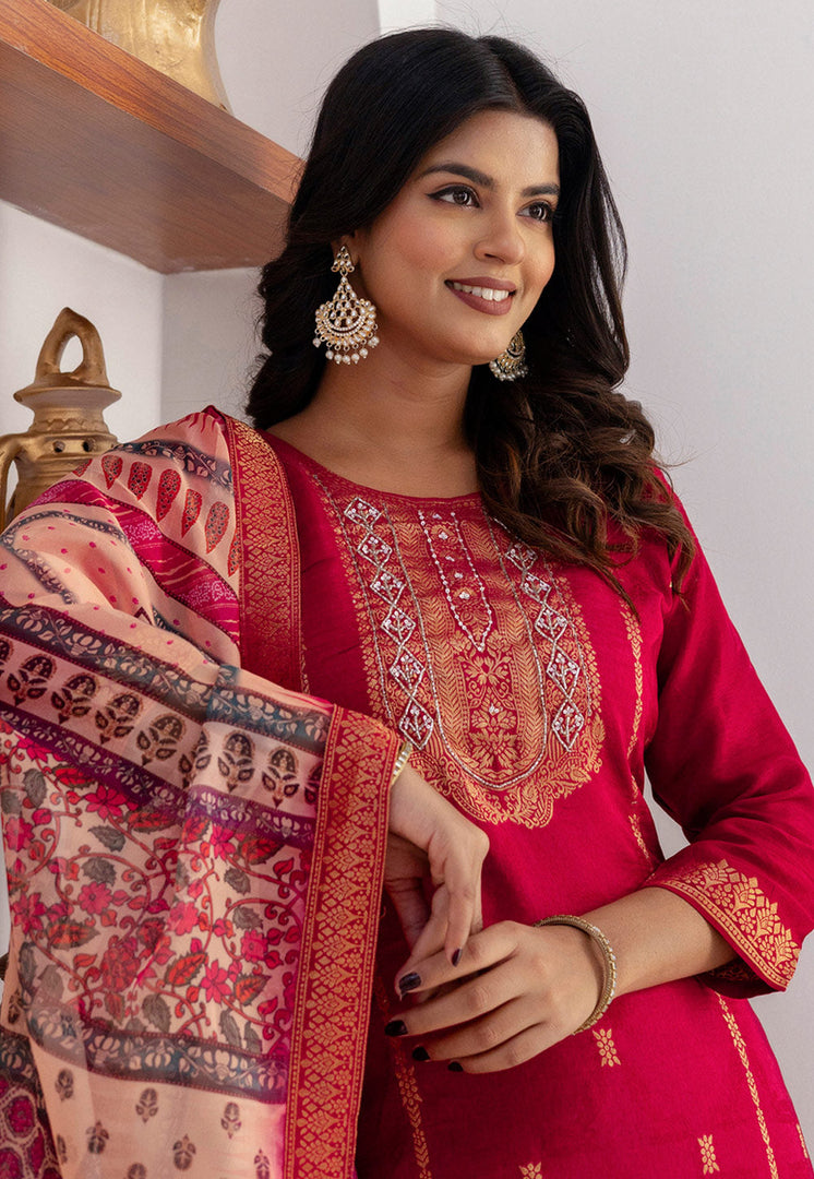Magenta Viscose Jacquard Readymade Pant Style Suit