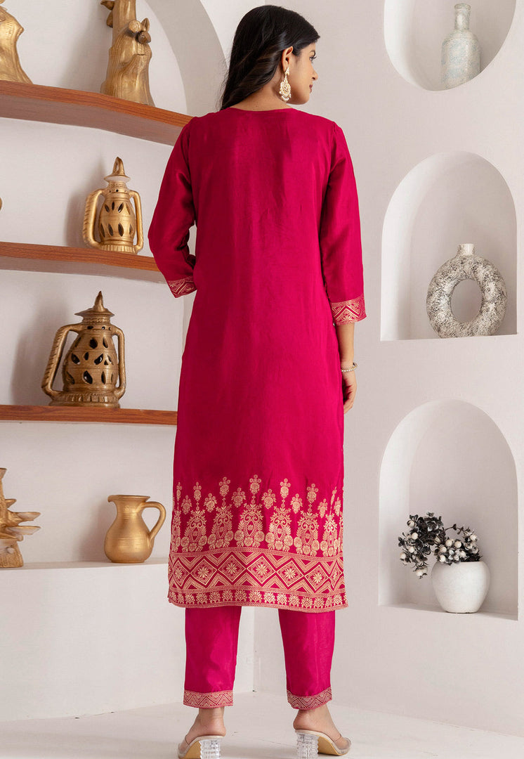 Magenta Viscose Jacquard Readymade Pant Style Suit