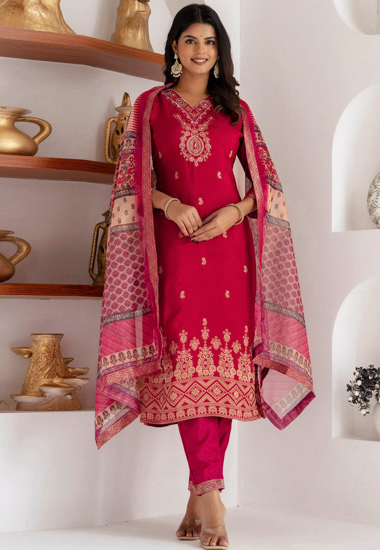 Magenta Viscose Jacquard Readymade Pant Style Suit