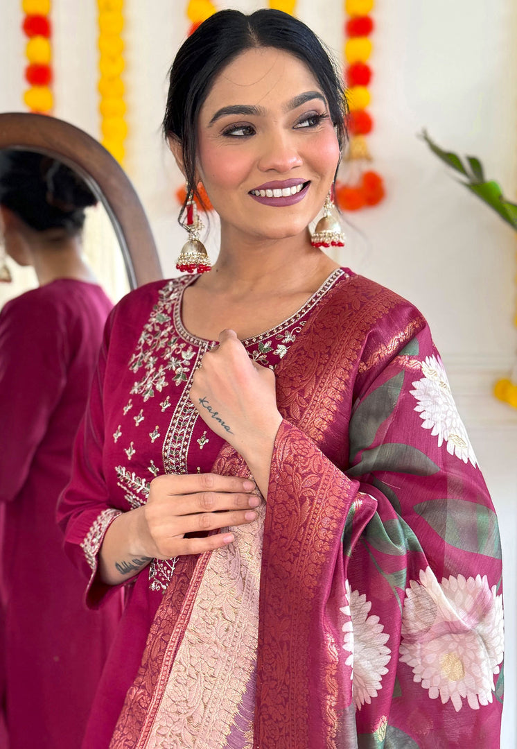 Magenta Viscose Readymade Pant Style Suit