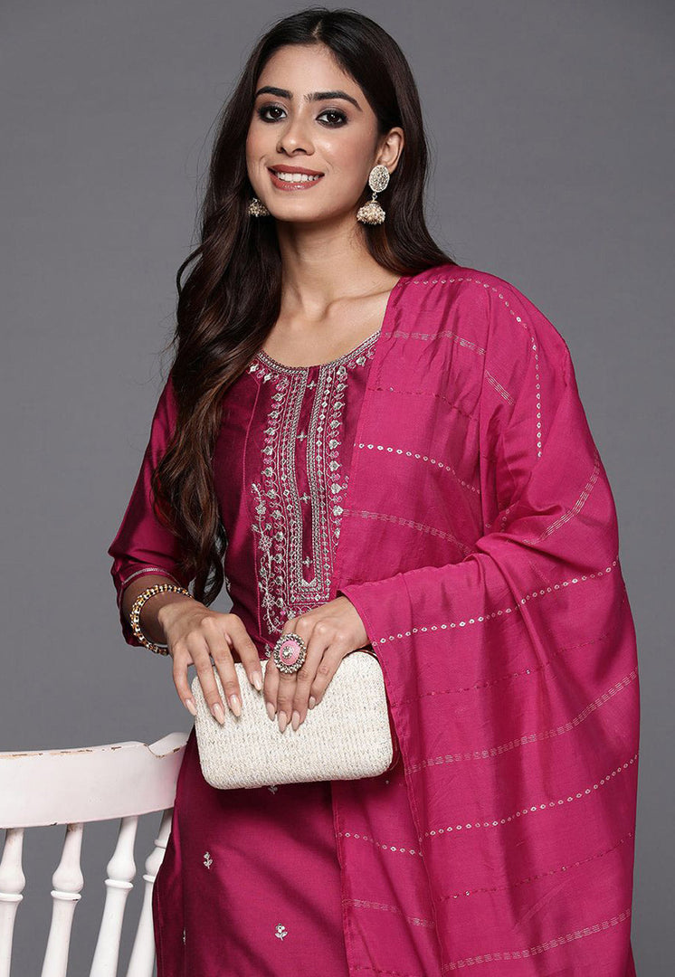 Magenta Viscose Readymade Pant Style Suit