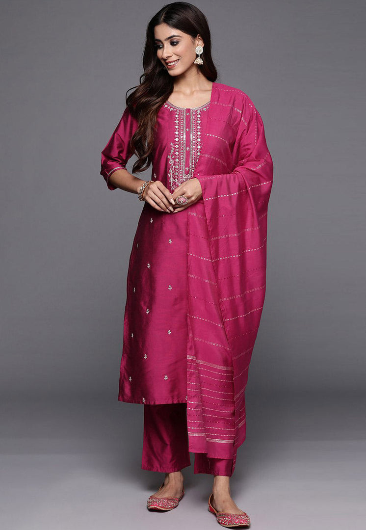 Magenta Viscose Readymade Pant Style Suit
