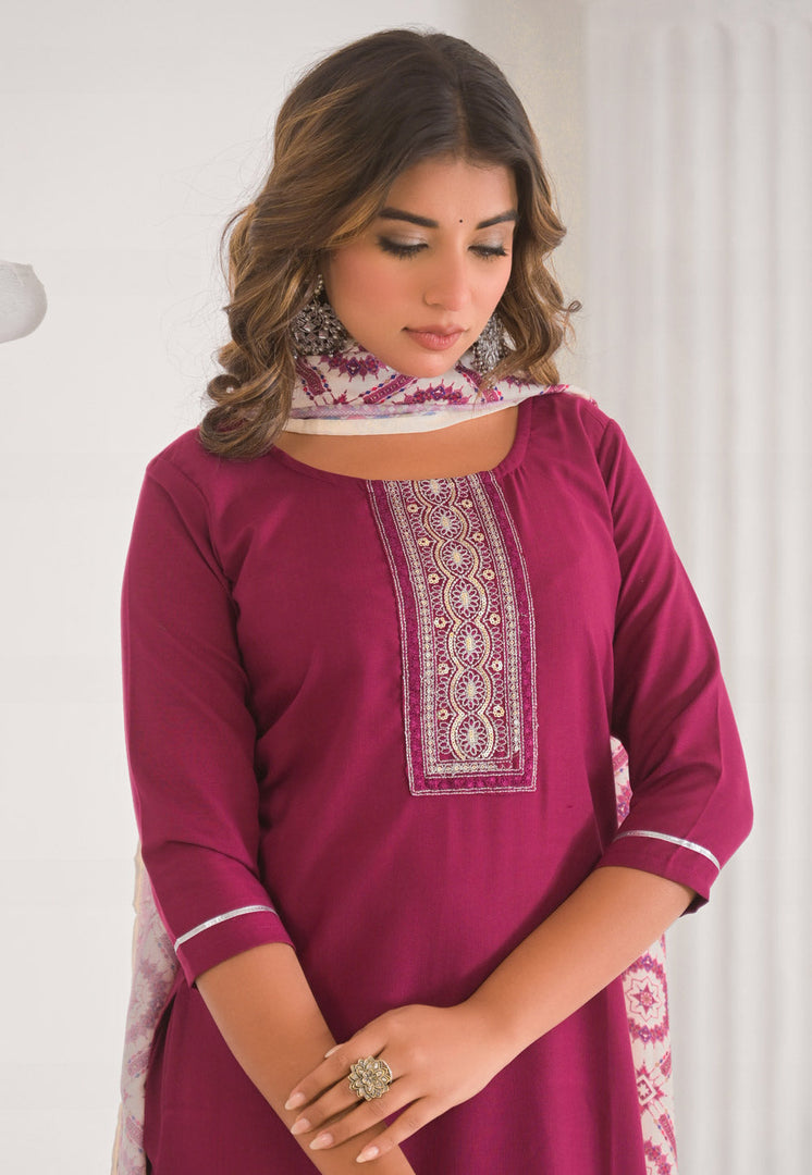 Magenta Viscose Readymade Pant Style Suit