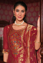 Load image into Gallery viewer, Maroon Banarasi Jacquard Readymade Pant Style Suit
