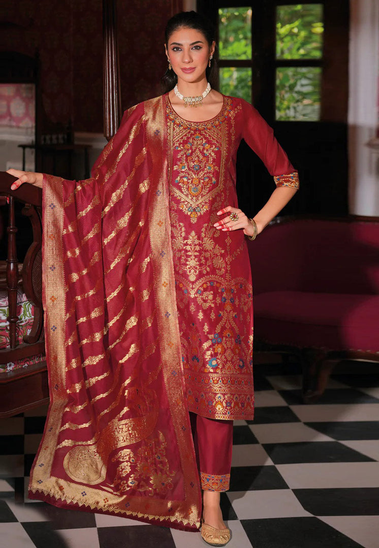 Maroon Banarasi Jacquard Readymade Pant Style Suit