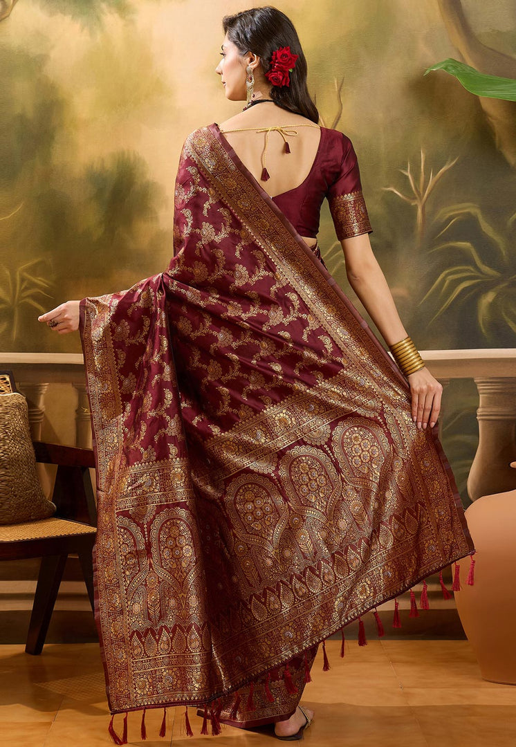 Maroon Banarasi Jacquard Saree
