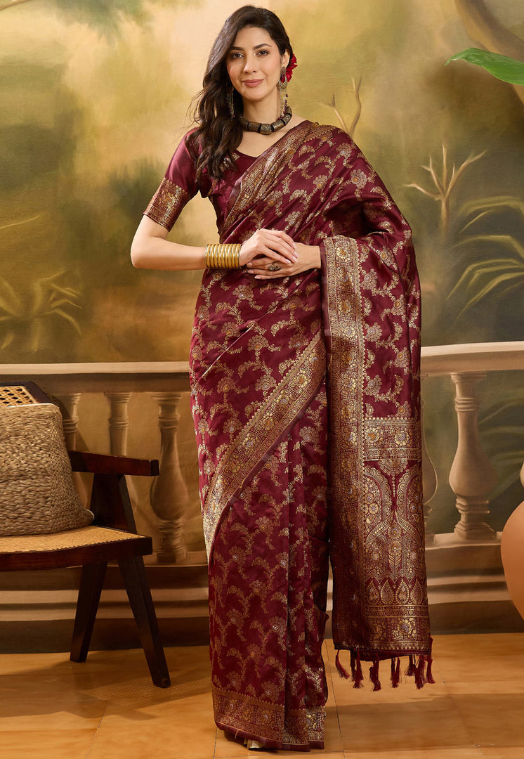 Maroon Banarasi Jacquard Saree