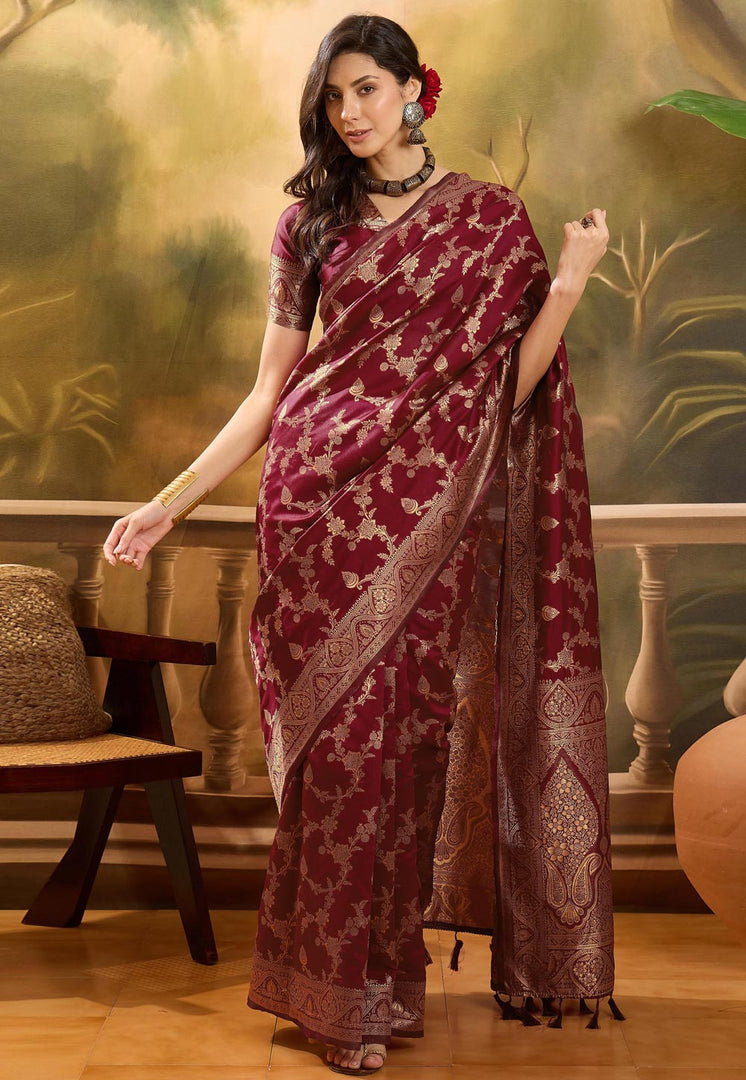 Maroon Banarasi Jacquard Saree
