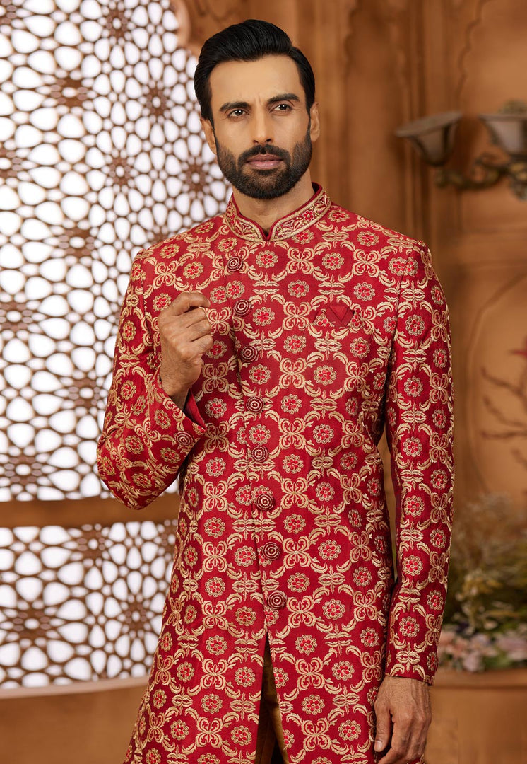 Maroon Banarasi Silk Indo Western Sherwani