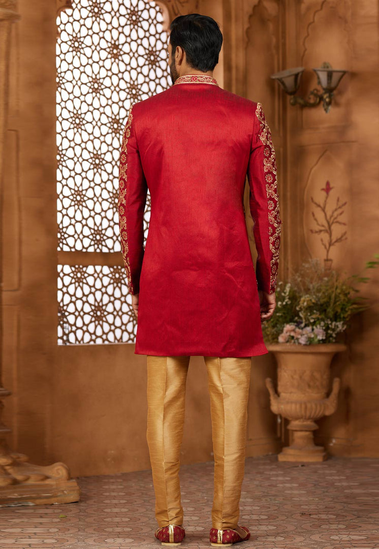 Maroon Banarasi Silk Indo Western Sherwani