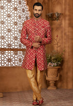 Load image into Gallery viewer, Maroon Banarasi Silk Indo Western Sherwani
