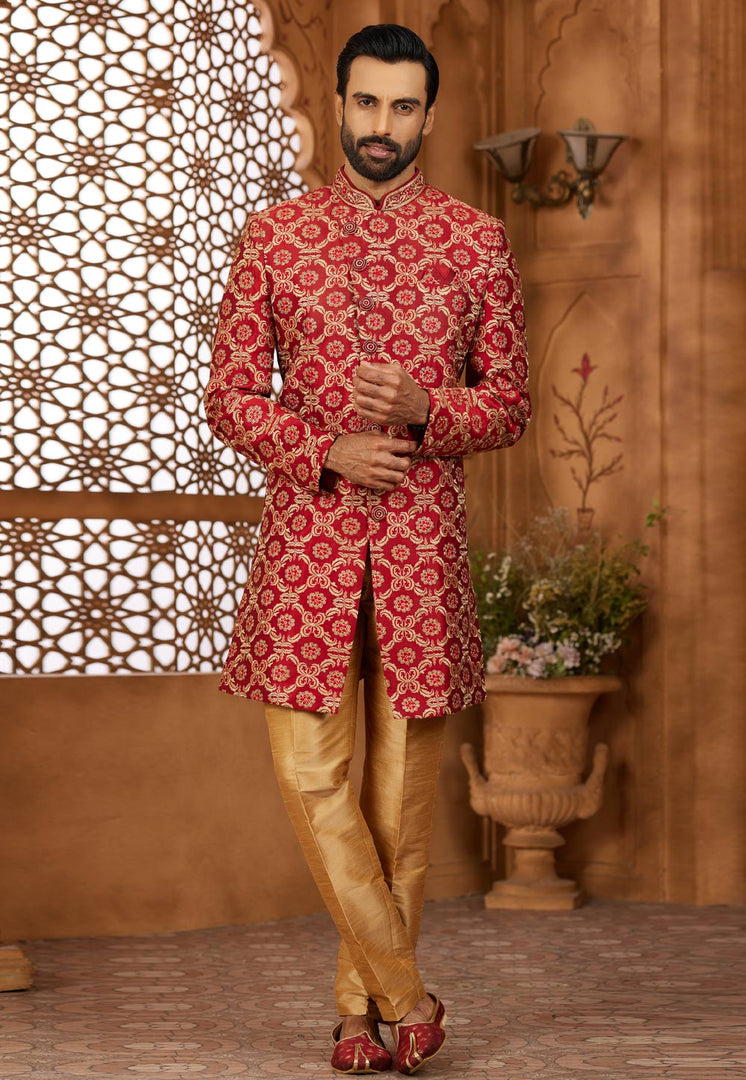 Maroon Banarasi Silk Indo Western Sherwani