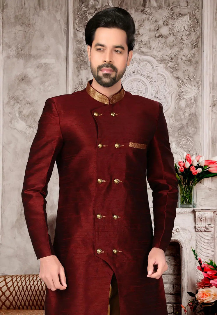 Maroon Brocade Silk Indo Western Suit