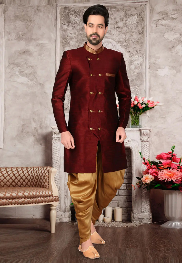 Maroon Brocade Silk Indo Western Suit