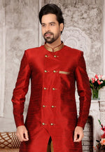 Load image into Gallery viewer, Maroon Brocade Silk Indo Western Suit

