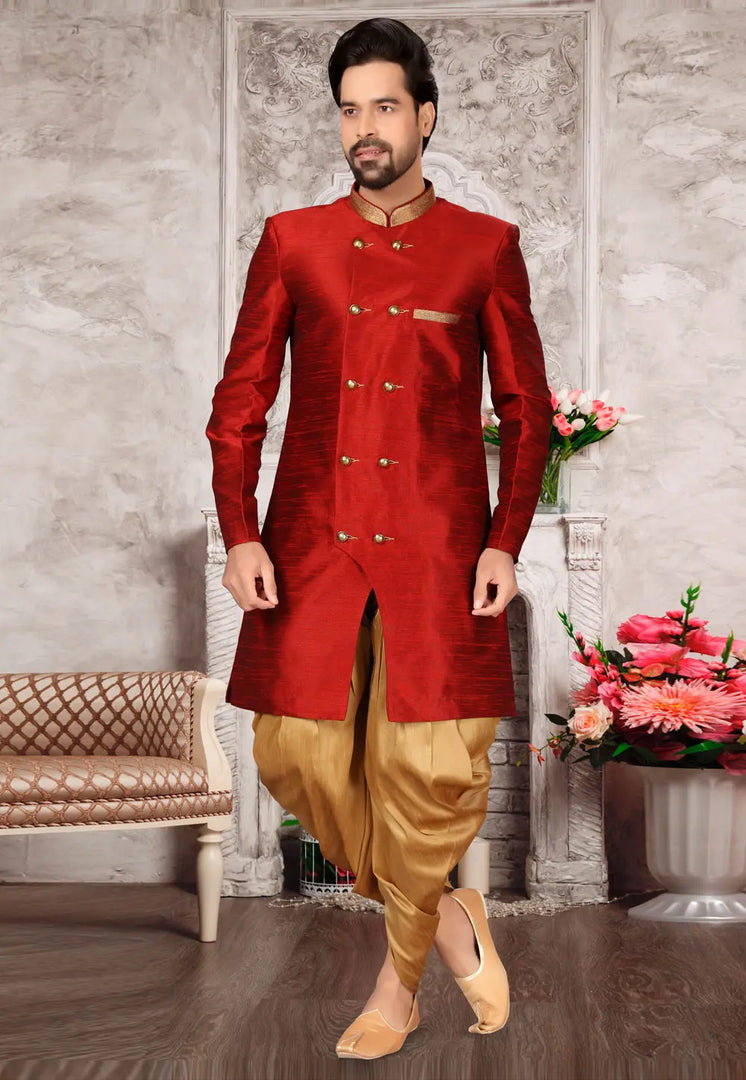 Maroon Brocade Silk Indo Western Suit