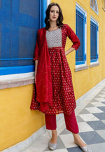 Load image into Gallery viewer, Maroon Chanderi Readymade Pant Style Suit
