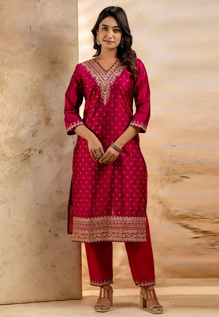 Maroon Chanderi Silk Readymade Pakistani Suit