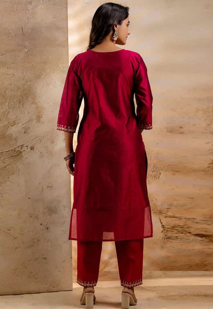 Maroon Chanderi Silk Readymade Pakistani Suit